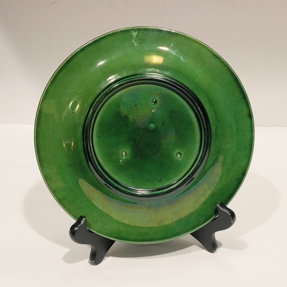 Antique Deep Green Majolica Plate Raised Leaf & Tendril Pattern 19th Century - Picture 3 of 6